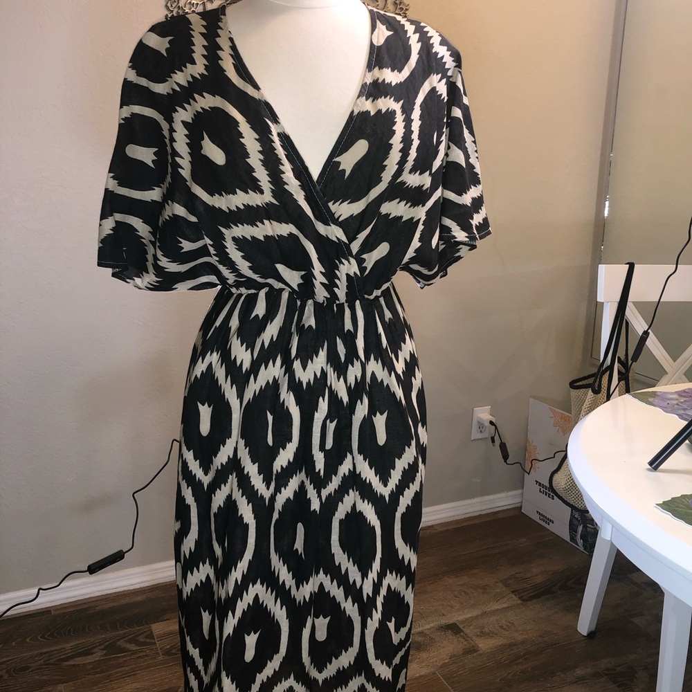 Elegant Black and Cream High/Low Patterned Dress by Tempo Paris